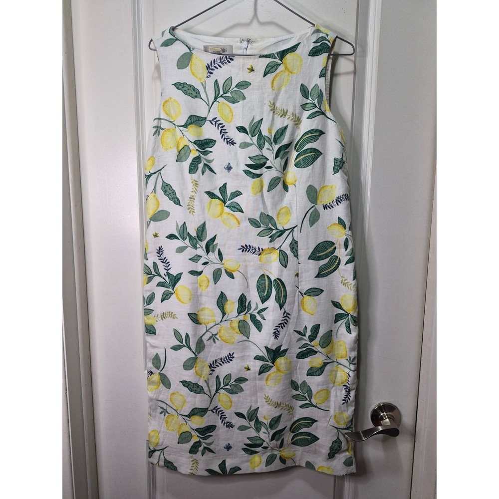 Hobbs London 100% Linen Lemon Print Sleeveless Shift Dress White Yellow US 8